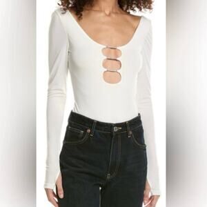 NWOT Alice + Olivia Kalena Cut-Out Rhinestone Bodysuit in Ecru SZ XS